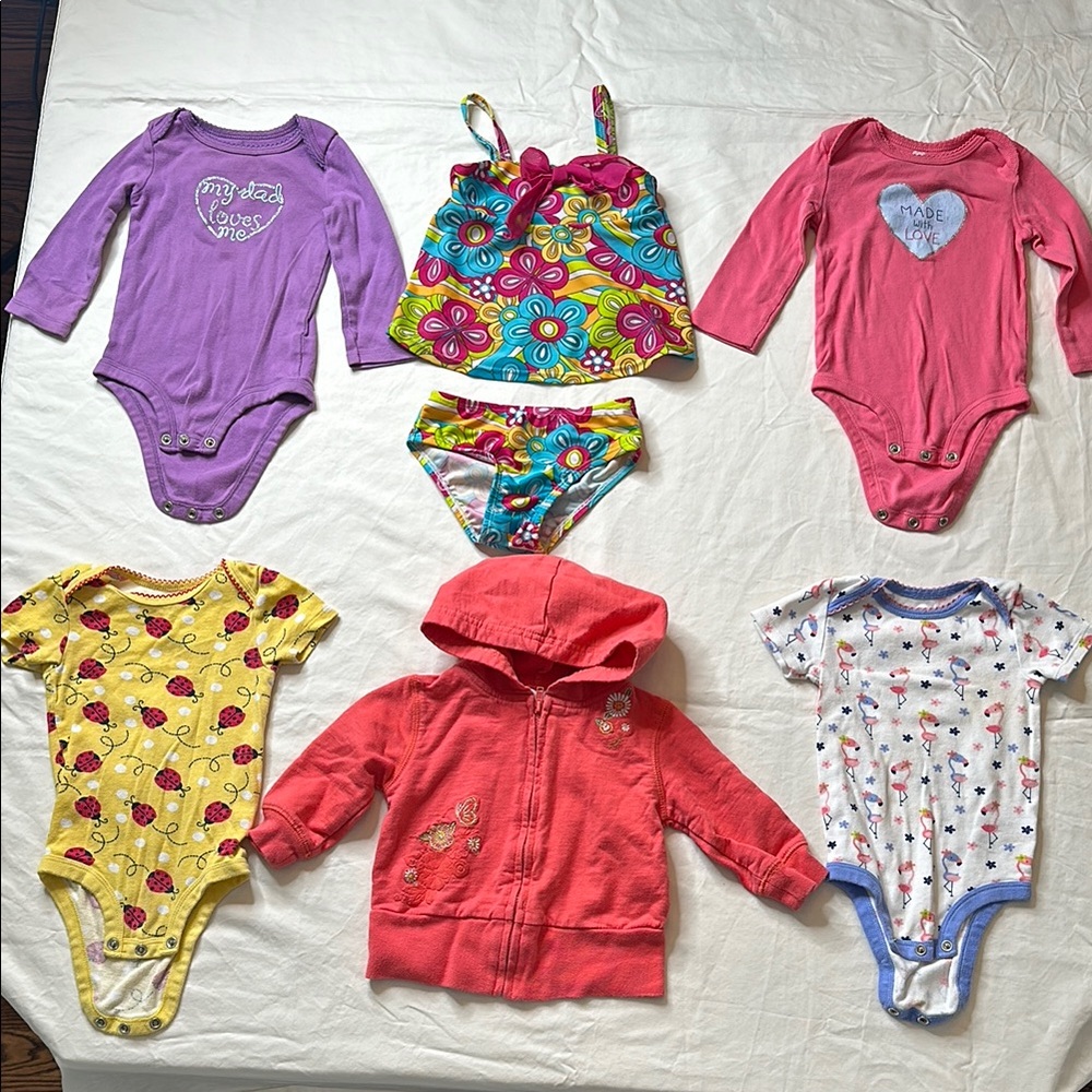Koala Kids 6-9 month bundle. Purple and Pink onesies, bathing suit, and jacket.